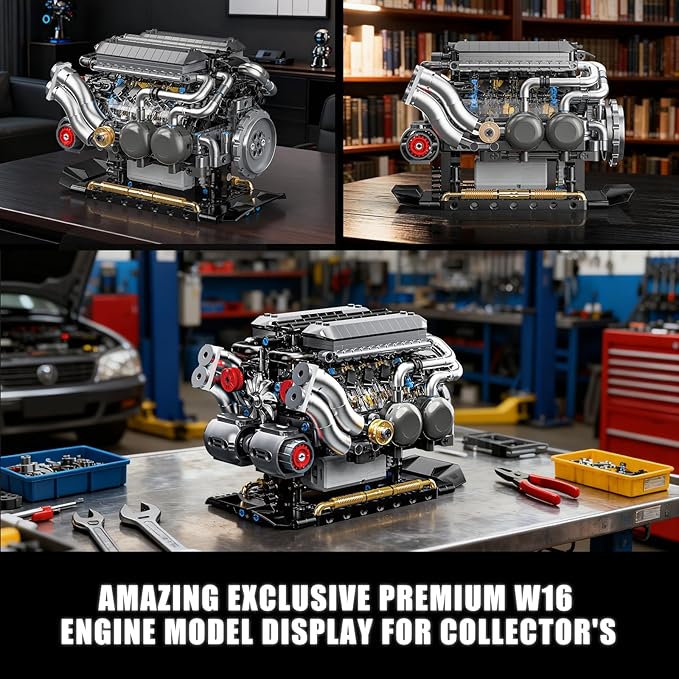W16 Engine Building Blocks Set for Adults STEM Mini 16-Cylinder Engine Model Kit That Runs Compatible with Lego Car DIY Physical Science Experiment Toy for Teens Boys 8-14+ (801 PCS)