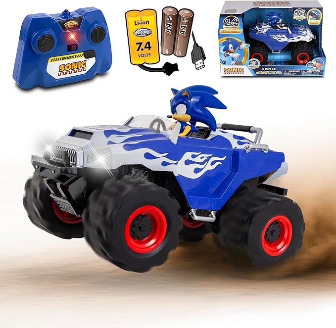 NKOK RC Sonic Racing CrossWorlds Monster Truck Sonic Ready-to-Run 2.4GHz Remote Control Toy Turbo Boost Wheelie &amp Donut Action All-Terrain Off-Road Ages 6+ Fun Gift for Kids Toy Award Win