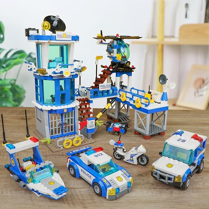 982Pcs City Police Station Building Toy Set - 6-in-1 Emergency Rescue Center with Police Car Boat Helicopter &amp Motorcycle - STEM Police Playset Gift for Kids Boys Girls Ages 6-12