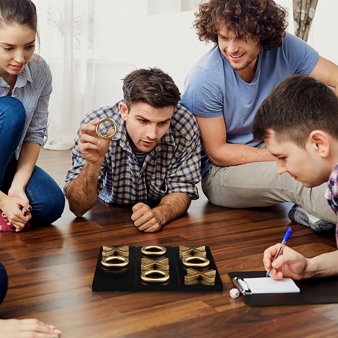 11.8x11.8 Inch Tic Tac Toe Wood Game Board Coffee Table Decor Modern Wooden for Board Table Top Living Room Decor Fun Family Party Adults Travel Ages15+ (Black Gold)