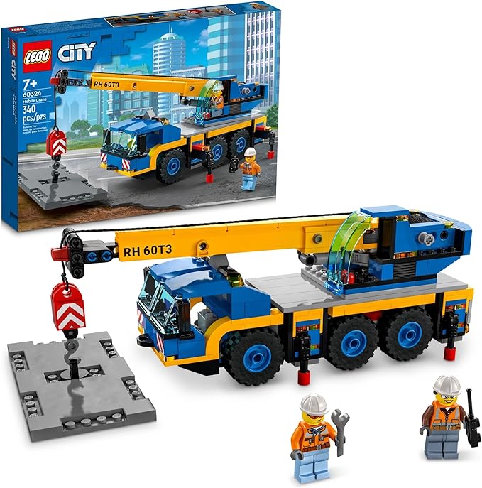 LEGO City Great Vehicles Mobile Crane Truck Toy Building Set 60324 - Construction Vehicle Model Featuring 2 Minifigures with Tool Toys Kit and Road Plate Playset for Boys and Girls Ages 7+