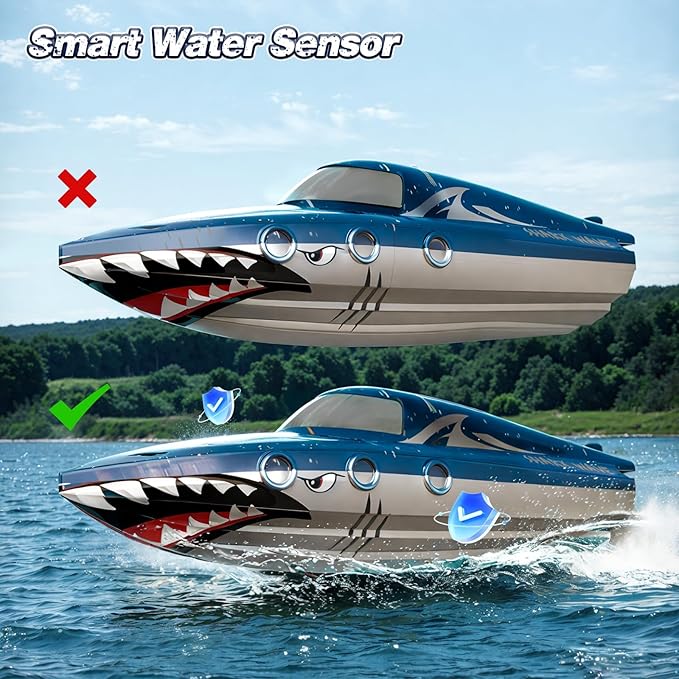 Shark RC Racing Boat for Kids &amp Adults2.4GHz High Speed Remote Control Boat W/ Dual Battery 50 Min RuntimeWaterproofFast Remote Control Toy Gift Kids 8-12 Ideal for Pools &amp LakesShining B