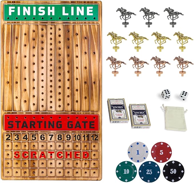 Large 21 inches Horse Racing Board Game with 11 Luxury Metal Horses Thickened Wood Horse Race Game Board with 2 Sets of Dice2 Boxes of Cards and 100 Poker Chips for Parties and Gambling