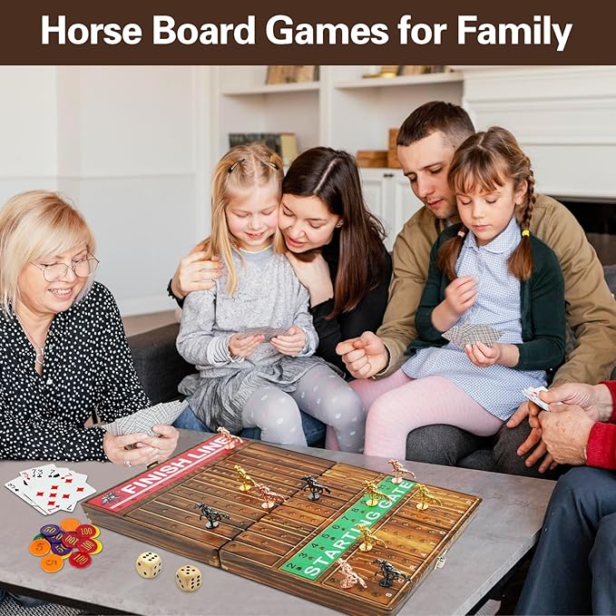 FUNNYB&ampG 21 inches Horse Race Board Game Foldable Large Horse Racing Game for Adults with 11 Metal Horses Solid Wood 60 Pcs Poker Chips 2 Dice 1 Pack of Cards for Family Tabletop Parties(Brown)