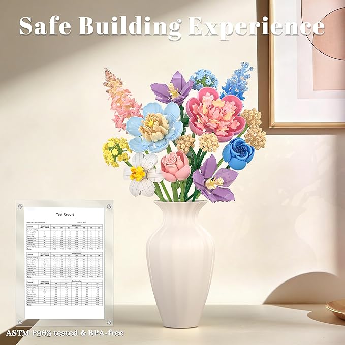 Spring Flowers Bouquet Building Set Botanicals Collection Artificial Flower Rose Peony Narcissus Balloon Flowers Flower Arrangement Art Home Decor Gift for Girls Women