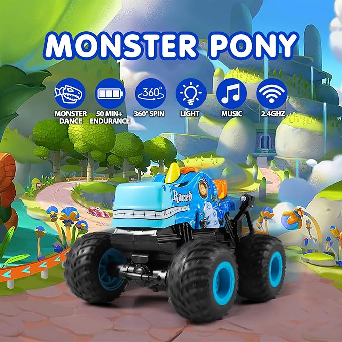 DYODYORC Remote Control Car 2.4Ghz All Terrain Monster Truck RC Truck with Music 3 Lighting Effects 360 Stunt Capable 2 Batteries Ready to Run Toy Gifts for Boys and Girls (Blue)