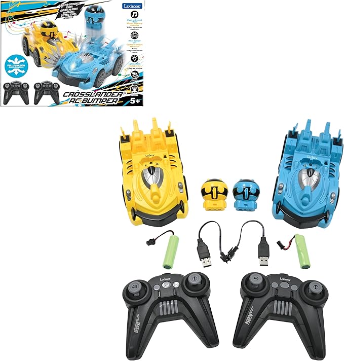 LEXiBOOK Crosslander® RC Bumper Set of 2 Radio-Controlled Racer Bumper Cars up to 12 km/h (7mph) 2 Removable Characters Sound and Light Effects Yellow/Blue RC2