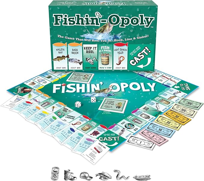 Late for the Sky Fishin'-Opoly Fishing Board Game for Families 2–6 Players Ages 8+ Funny Property Trading Strategy Game Great Gift for Anglers