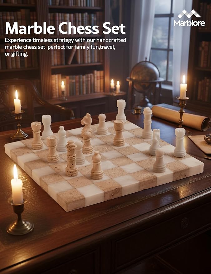 Marble Chess Set 10 Inch Handmade White &amp Travertine Chess Board with 32 Pieces &amp 2 Extra Queens Classic 2 Player Chess Game for Adults Elegant Gift for Women's and Perfect for Game Nights