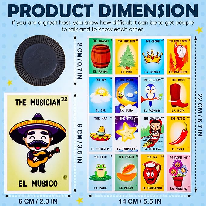 ELIASM Loteria Mexican Bingo Game - Bilingual English Spanish Game for 10 Players for Kids 5+ Adults &amp Seniors Educational Learning Game for Preschool Kindergarden Classroom Family Board Games