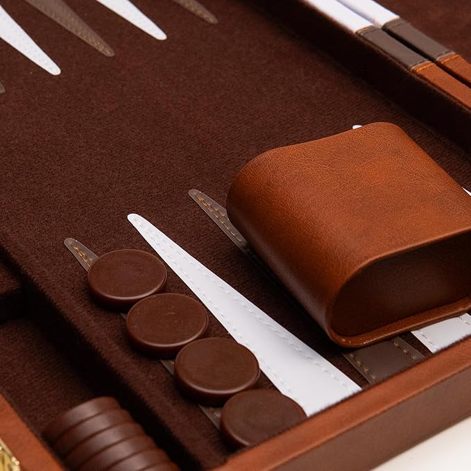 Backgammon Board Game Deluxe Leather Like Case Felt Interior Brown Classic Backgammon Game Popular Board Game Board Games (Small (11))
