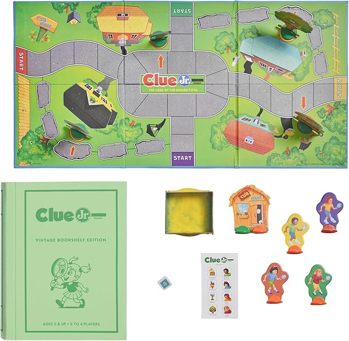 WS Game Company Clue Jr. Vintage Bookshelf Edition: The Case of the Hidden Toys – Linen Fabric Wrapped Book Storage Case – Clue Junior Mystery Board Game for Kids and Families (2-4 Players Ages 5+)