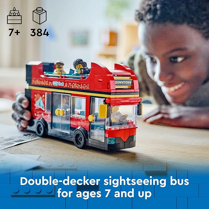 LEGO City Red Double-Decker Sightseeing Bus Toy Vehicle Set Birthday Gift for 7 Year Olds for Kids Double-Decker London Bus Toy 5 Characters Including a Baby and Stroller 60407