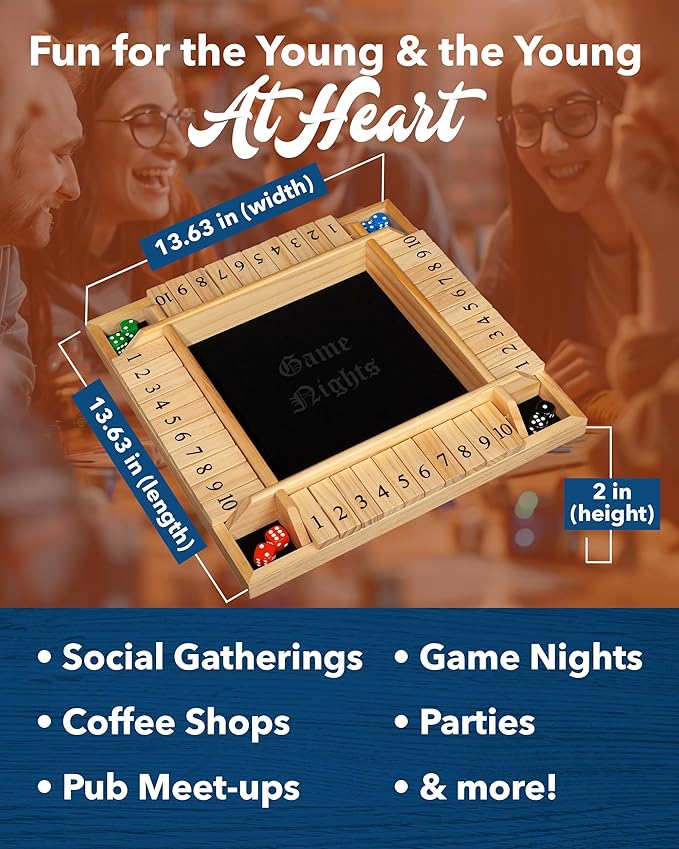WE Games Wooden Shut the Box Game 4 Player - 10 Number Tiles &amp 8 Dice - Large 14-Inch Natural Wood Finish