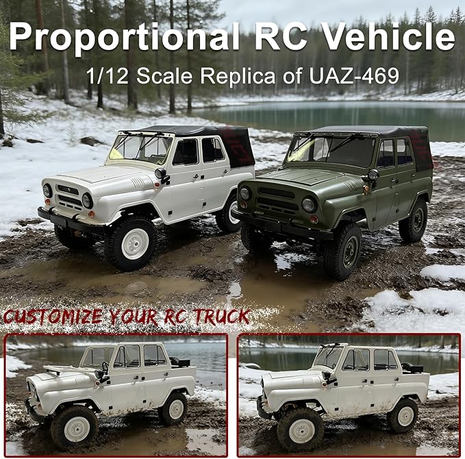 YUCT WPL C94 RC Crawler - 4x4 1/12 Military RC Truck 2.4GhZ Off-Road Vehicle with Two Batteries &amp Metal Drive Shaft (Green)