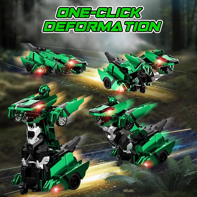 Dinosaur Transform Rc Cars 2.4Ghz Remote Control Car Transforming Robot with Flashing Light 360° Rotation One Button Deformation Car Toy Gifts for Boys Age 4-7 8-12