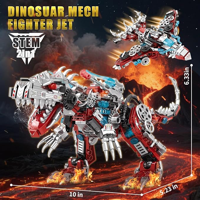 STEM 2 in1 Dinosaurs Building Set Compatible with Lego Dinosaur Set Transforming Fighter Jet Building Kit for Adults Educational Gift Toy for Kids Boys 6-10 (422 PCS)
