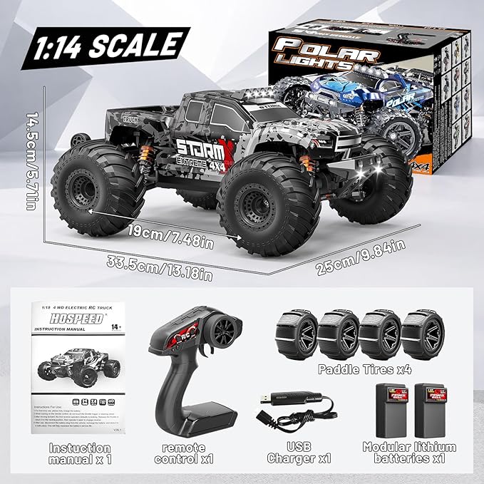 RC Cars 1:14 4WD Off-Road RC Monster Truck High Speed 40 km/h 4x4 Remote Control Car with 2 Rechargeable 1300mAh Batteries and 2 Sets of Tires for Adults &amp Boys