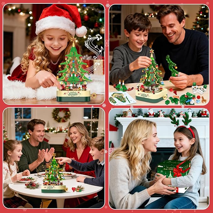 Shemira 594 PCS Christmas Tree Building Block Toy Set Rotating Christmas Music Box Toy Building Sets for Kids Boys Girls Teens Christmas Toys Decoration for Kids Adult Green