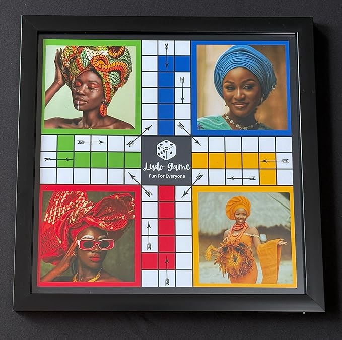 Classic Ludo Board Game Traditional Family Strategy Game 12x12 Inch Board with 16 Pieces and 2 Dice 2-4 Players (African Ladies Black)