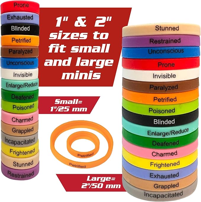 Deluxe Condition Rings w Wooden Case (64 Rings for Standard &amp Large) - 16 Conditions DND Flexible Design- Easy Affix Base Slides Under Figure- Works with Dungeons Dragons Pathfinder &amp All RP