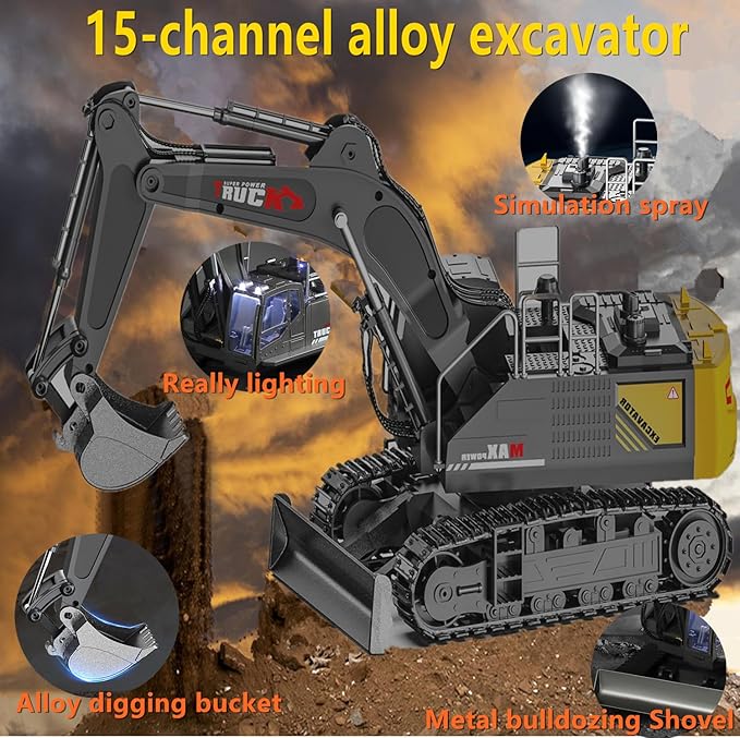 15 Channel RC Excavator Metal ShovelRC Digger Construction ToysDozer TractorSimulated Smoke Sound Metal Digging Head Best Gift for 3+ Old Boys Adults
