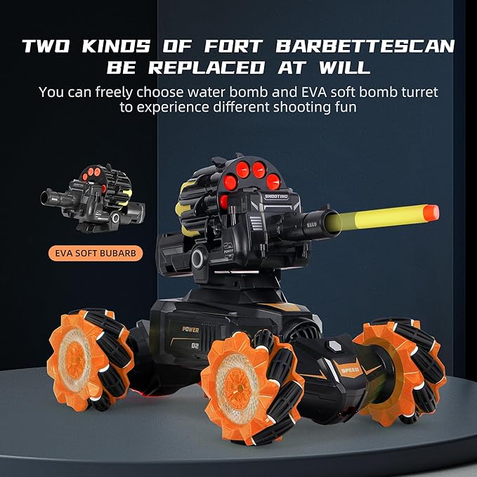 Rc Car Shoot SoftBulletFits for Nerf Remote Control Hand Gesture Stunt Drift Truck 360°Rotating Battle Tanks with Soft Bullets Water Bomb Spray Music Led Toy Gifts（Orange）