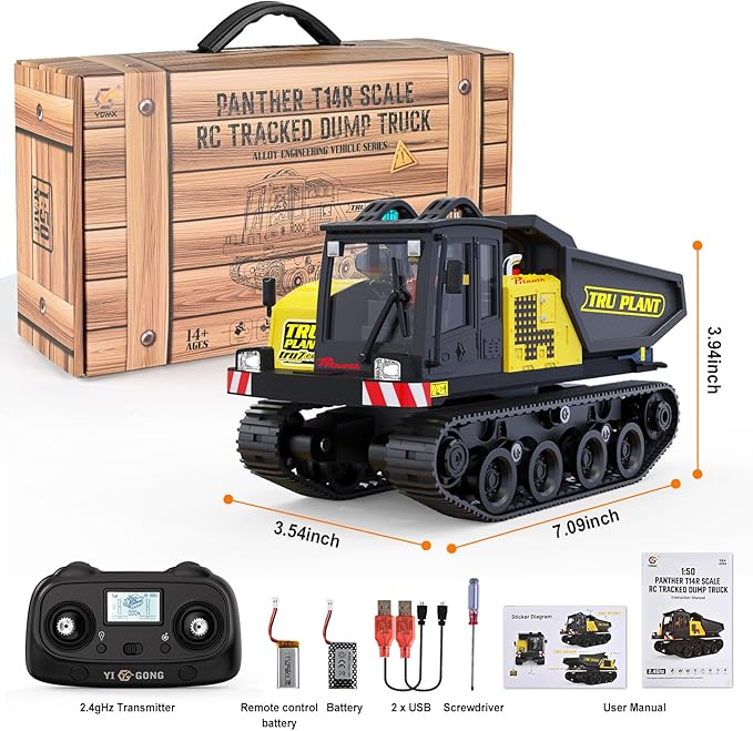 Pro-Grade Tracked Remote Control Dump Truck for Adult Metal Micro-Scale RC Construction Model with Gyro Straight-Line Assist Includes Portable Carry Case