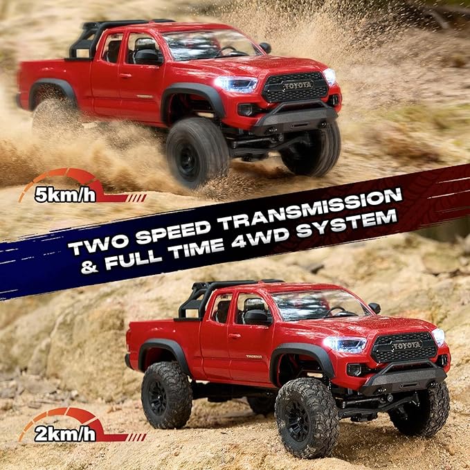 FMS FCX24 TOYOTA TACOMA 1/24 RC Crawler 4x4 RC Truck Crawler Official Licensed Scale RC Rock Crawler with 2-Speed Transmission High Torque Motor All-Metal Bearings RTR RC Car for Adults (RED)