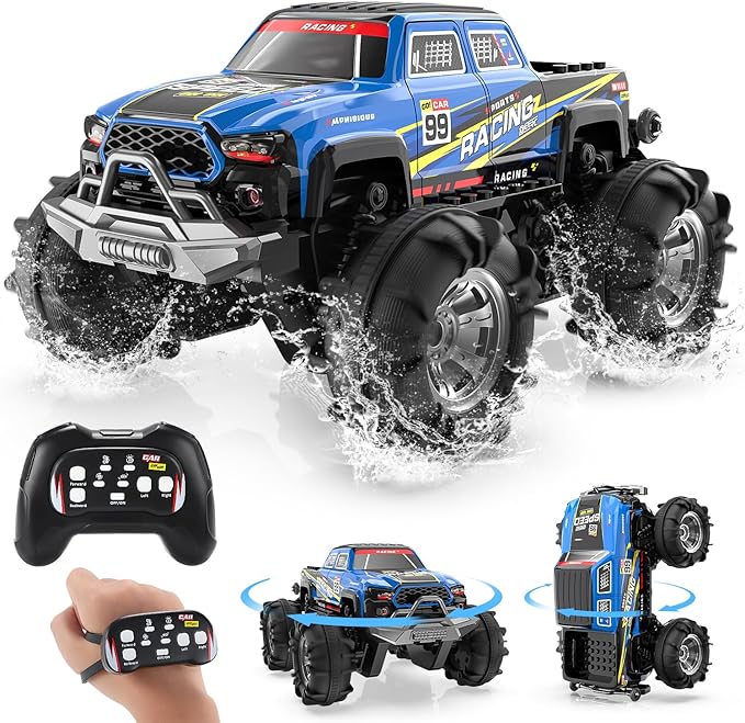 DEERC BG028 Amphibious RC Monster Truck/Boat IPX7 Waterproof Remote Control Car W/Gesture Sensing Control 2.4GHz 4WD RC Car W/ 360°RotationLED Light40mins Play RC Truck Toys for Kids Boys 6-12