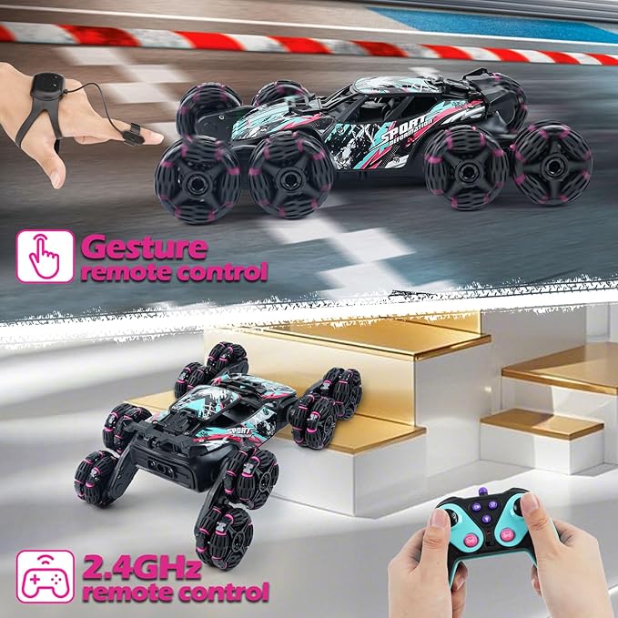 MagicKidz 8 Wheels Gesture Sensing Car for Kids Ages 5 6 7 8 9 10 11 12 - Birthday Gifts for Boys 5-7 8-12 Years Old 2.4GHz Off-Road Remote Control Stunt Toy with Spray &amp LED Lights 360-Degree F