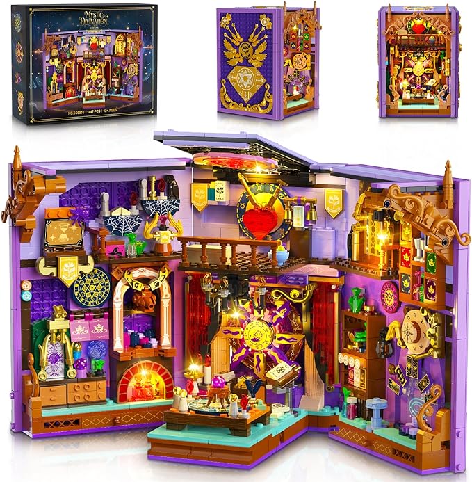 Upgraded Mystic Divination Book Nook Building Set with Rechargeable Lights 1447 PCS DIY Magic Booknook Building Block Kit Home Decor Miniature Book House Model Gift for Adults Boys Girls 12+