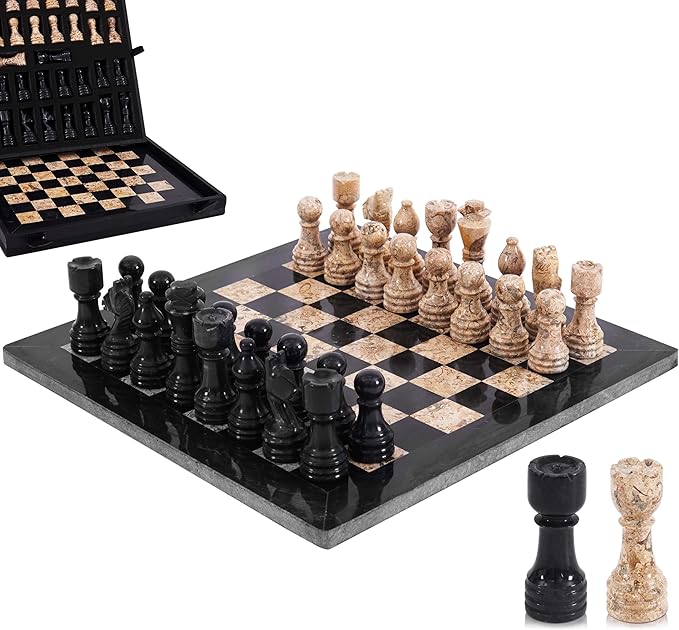 Marble Chess Set for Adults 12 Handmade Black &amp Coral Board Game with 32 Chess Pieces 2 Extra Queens &amp Storage Box Luxury Travel Game Elegant for Home Decor