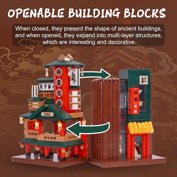 Oichy Chinese Street View Hot Pot Shop Mini Building Blocks MOC Construction Toy 1006 PCS Simulation Architecture Blocks Creative Building Sets for Adults Kids