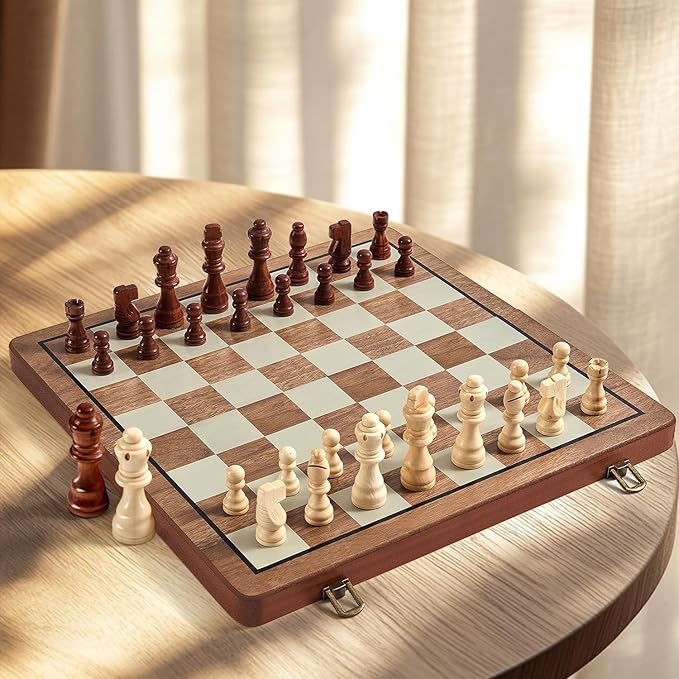 MerryPony 2 in 1 Magnetic Wooden Chess and Checkers Set 15 Foldable Chess set for Adults &amp Kids Chess Board with 2 Extra Queens Travel Chess Set with Pieces Storage Slots Ideal Chess for Begi