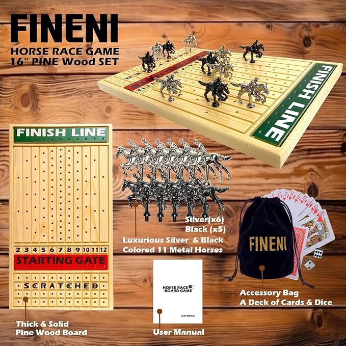 Horse Racing Game for Adults Luxurious Metal Horses (Silver Black) on 16' Pine Wood Board Dice &amp Card Included