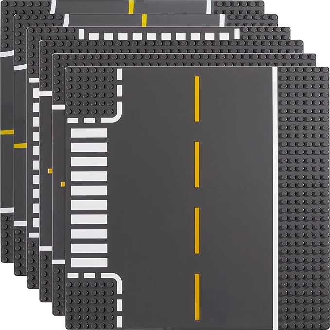 Apostrophe Games Road Baseplate – Premium Building Blocks Base Plates Compatible with All Major Brands – 6pcs Baseplate Gray with Road Design – Straight Curve Crossroad T-Junction