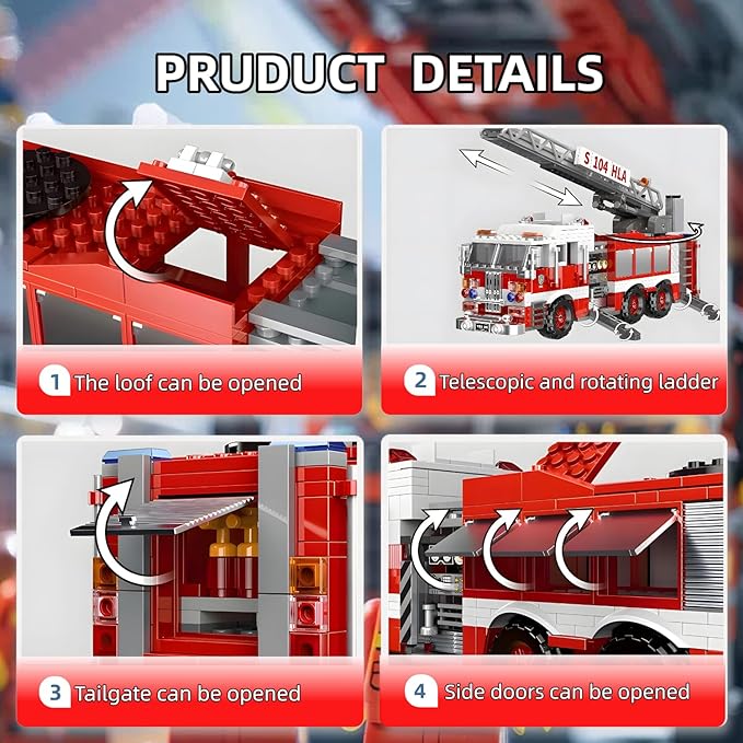 Light-Up Ladder Fire Truck Building Set – 720PCS STEM Toys for Kids &amp Adults City Firetruck Building Bricks with Flashing Lights Ideas Creative Gift for Birthday Christmas Compatible Building Br