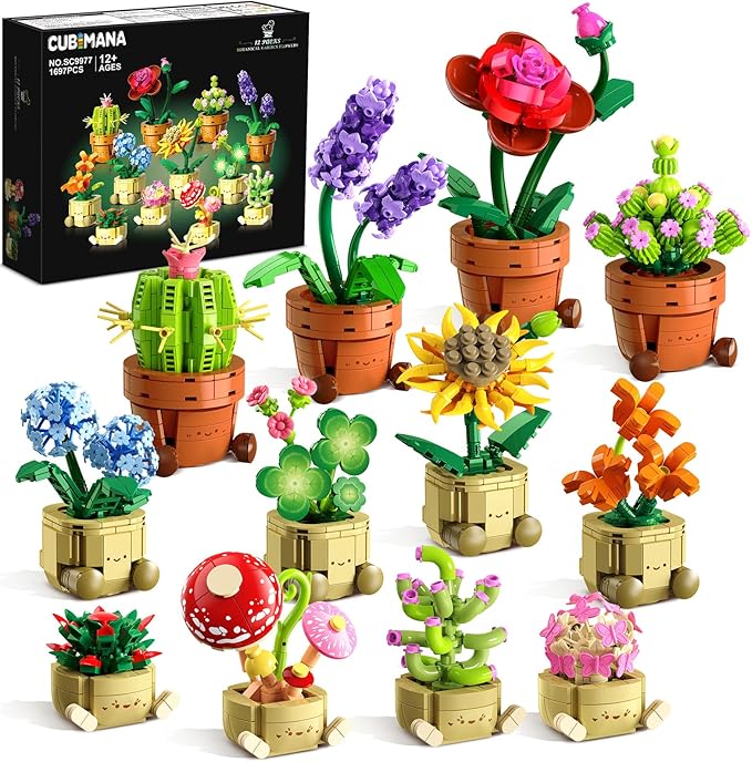 12 Pack Flowers Plants Mini Building Set - 1697PCS Flower Botanical Collection 3.6MM Succulent Building Toy for Home Office Decor Easter Birthday Party Favors Gift for Adults Girls Boys 12+