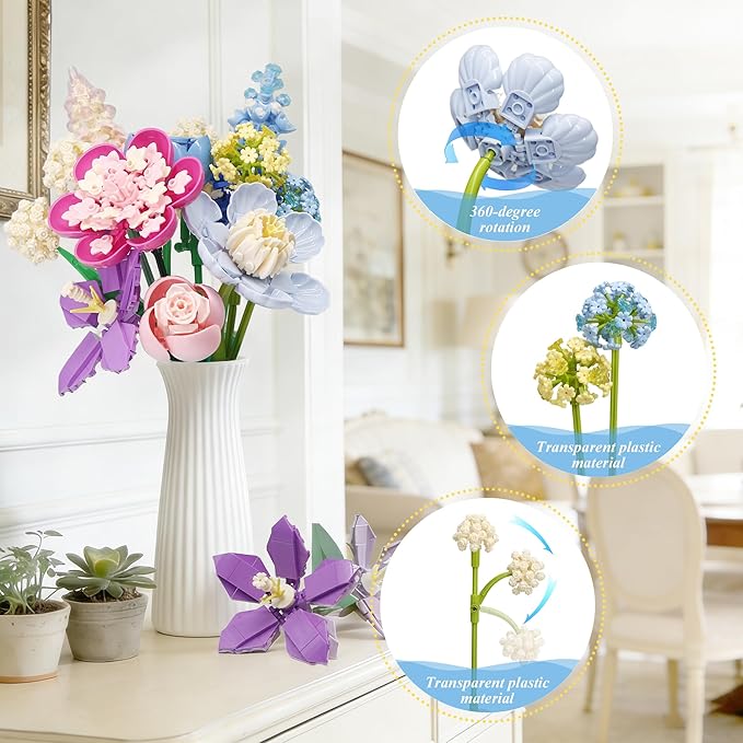 Flower Building Set for Adults.880-Piece Artificial Bouquet Set Compatible with Lego.DIY Floral Building Toy for Ages 8+.Romantic Flower Bricks Kit for Lover.Baby.Mother.Home Decor &amp Gift