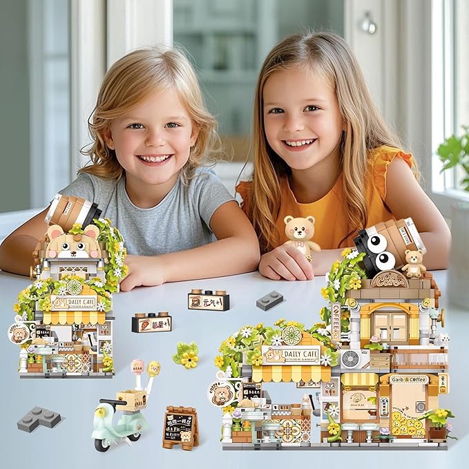 Creative Brick Box Street View-Coffee Shop Mini Building Toy Animals Interactive for Kids Simulation Architecture Toy for Girls and Boys Ages 6+ - Gift Easter Birthday Christmas (1077 PCS)
