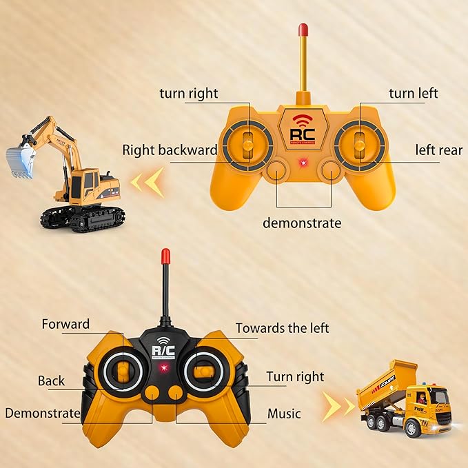 Remote Control Excavator and Dump Truck Toy Set - RC Construction Vehicles Toy with Barricades Road Signs Simulated Rocks Lights and Sounds Birthday Gifts for Toddlers 3-12 year Boys Girls