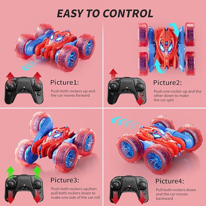 Spider Remote Control Car 360° Stunt RC Cars for Kids Ages 6-12 Double-Sided Rotation 4WD Cool Wheel Lights&amp2.4GHz Control Rechargeable Electric Race Car Toys Gift for Boys Girls (Red&ampBlue