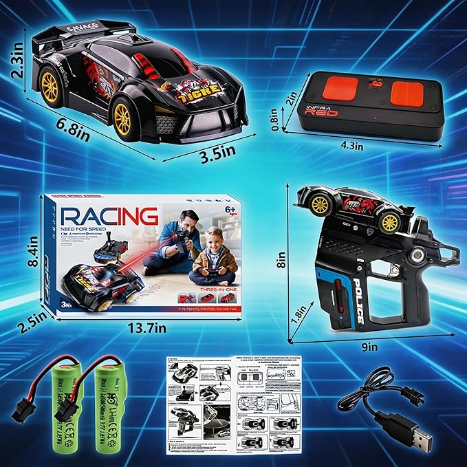 3-in-1 RC Drift Car — Sports/Racing 2-Player Battle Set with Infrared Gun Shooting &amp Flip Effects 60-Min Playtime Family-Friendly 2.4GHz Remote Control Car Toy for Kids Ages 6+ (Black)