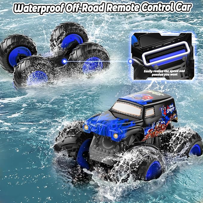 1:14 Waterproof Remote Control Car Front &amp Rear Wheelie Monster Truck Amphibious RC Truck with 2 Sets of Rechargeable Batteries and AAA Batteries 4WD Off-Road Vehicle for Kids Ages 6-12