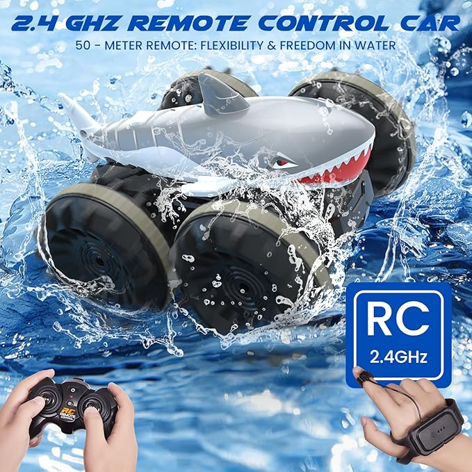 SIMREX Shark Amphibious Remote Control Car - Gift for Kids Boys Girls 4WD Waterproof RC Car 360° Stunt Dual Remote Control 50m Long Range 2 Rechargeable Batteries (Silver)