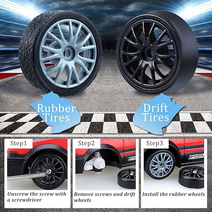 RC Drift Car Remote Control Car 2.4GHz 1:24 Scale 4WD 15KM/H High Speed Model Vehicle LED Lights Drifting Tire Racing Sport Toy for Adult Boys Girls Kids Gift 2Pcs Rechargeable Batterie