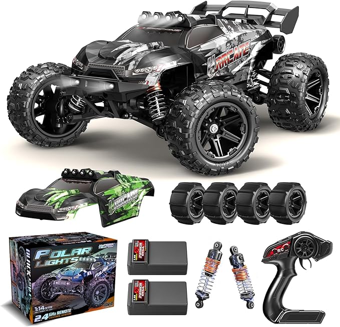 1:14 Scale All Terrain RC Cars for Adults &amp Boys (HS14323) Max Fast 40+ KPH 4WD Off-Road RC Truck for Snow &amp Sand &amp Mud 4X4 Waterproof Remote Control Car with 2 Rechargeable Batteries