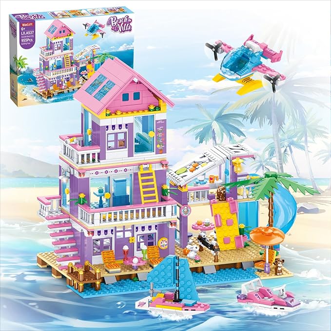 955 Piece Beach House Building SetSeaside Beach Villa Building Toys Friends Vacation Hut Blocks SetSTEM BuildingToys with HelicopterYachtSailboatChristmas Birthday Gift for Girl Age 6-12+