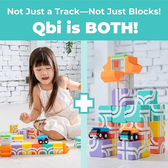 QBI Magnetic Blocks for Toddlers Ages 2-4｜STEM Magnetic Building Blocks with Trucks &amp Fruit Tiles｜Montessori Magnet Building Cubes for Kids｜Educational Gifts for Boys &amp Girls Ages 2+ (32PCS)